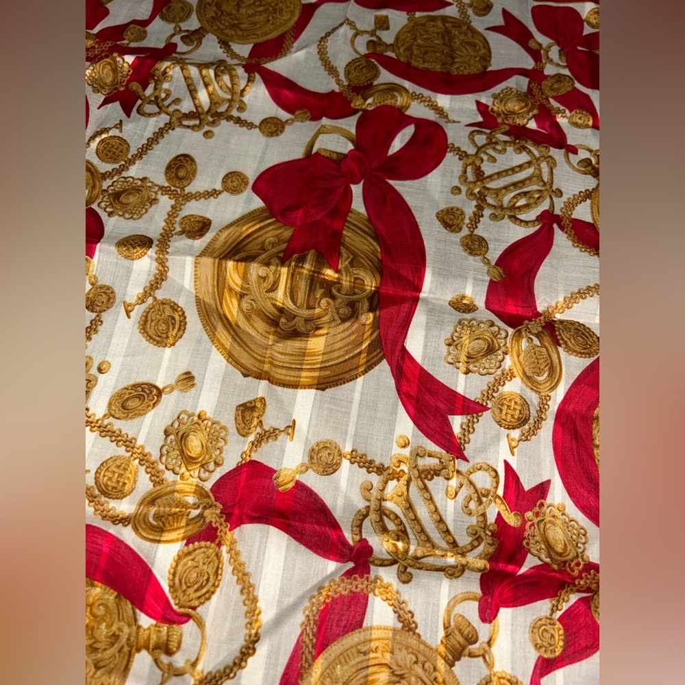 Vintage Christian Dior Gold Chain Red Ribbon Cotton Handkerchief Scarf - Picture 5 of 12